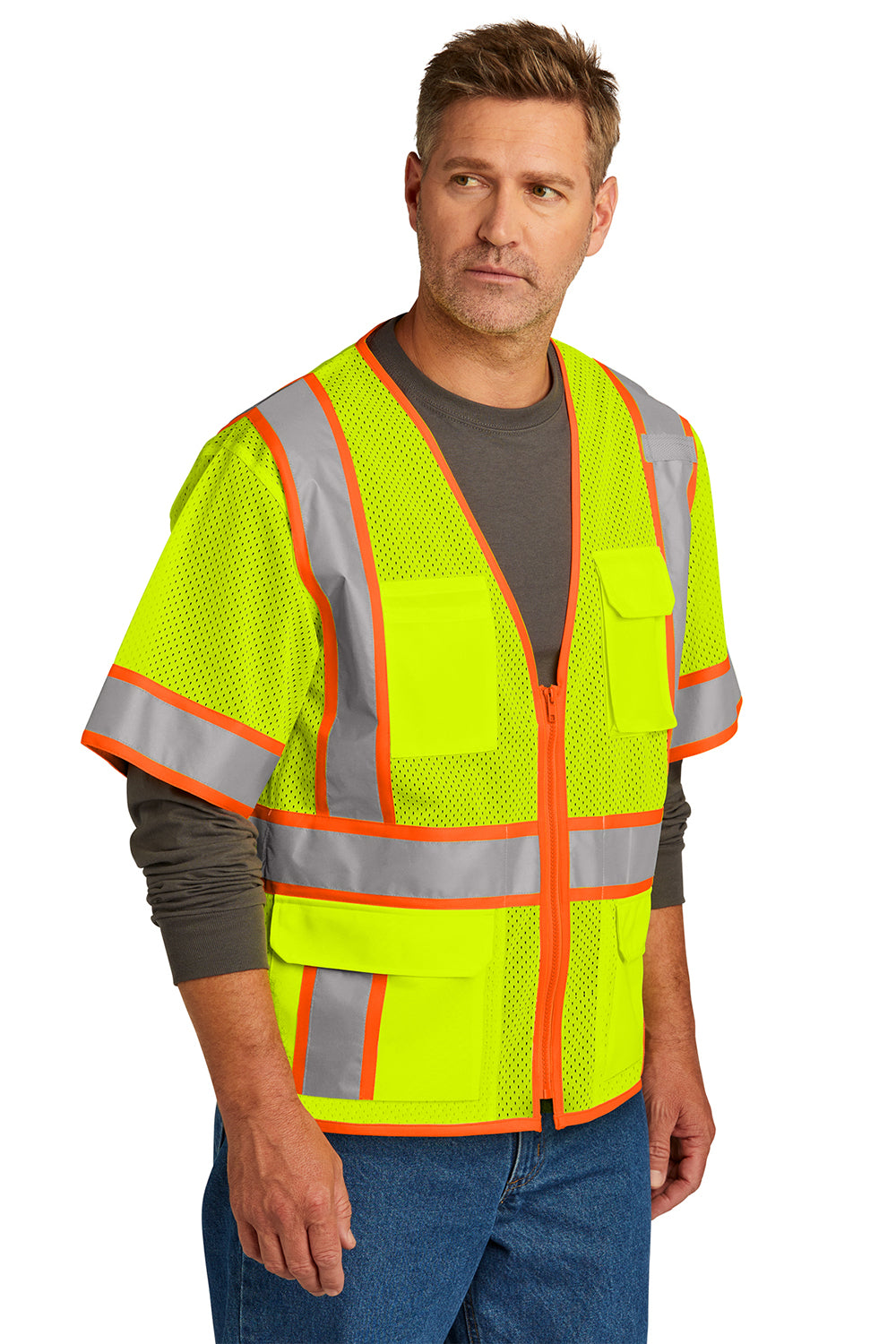 CornerStone CSV106 Mens ANSI 107 Class 3 Surveyor Mesh Zipper Vest w/ Pocket Safety Yellow Model 3q