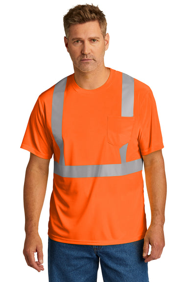 CornerStone CS200 Mens ANSI 107 Class 2 Moisture Wicking Short Sleeve Crewneck T-Shirt w/ Pocket Safety Orange Model Front