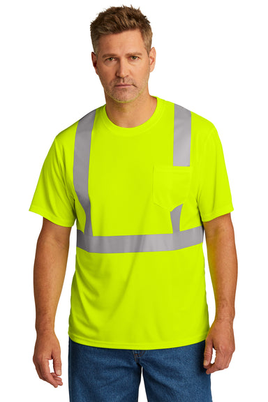 CornerStone CS200 Mens ANSI 107 Class 2 Moisture Wicking Short Sleeve Crewneck T-Shirt w/ Pocket Safety Yellow Model Front