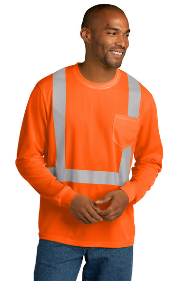 CornerStone CS201 Mens ANSI 107 Class 2 Moisture Wicking Long Sleeve Crewneck T-Shirt w/ Pocket Safety Orange Model Front