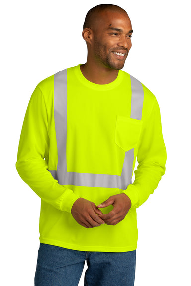 CornerStone CS201 Mens ANSI 107 Class 2 Moisture Wicking Long Sleeve Crewneck T-Shirt w/ Pocket Safety Yellow Model Front