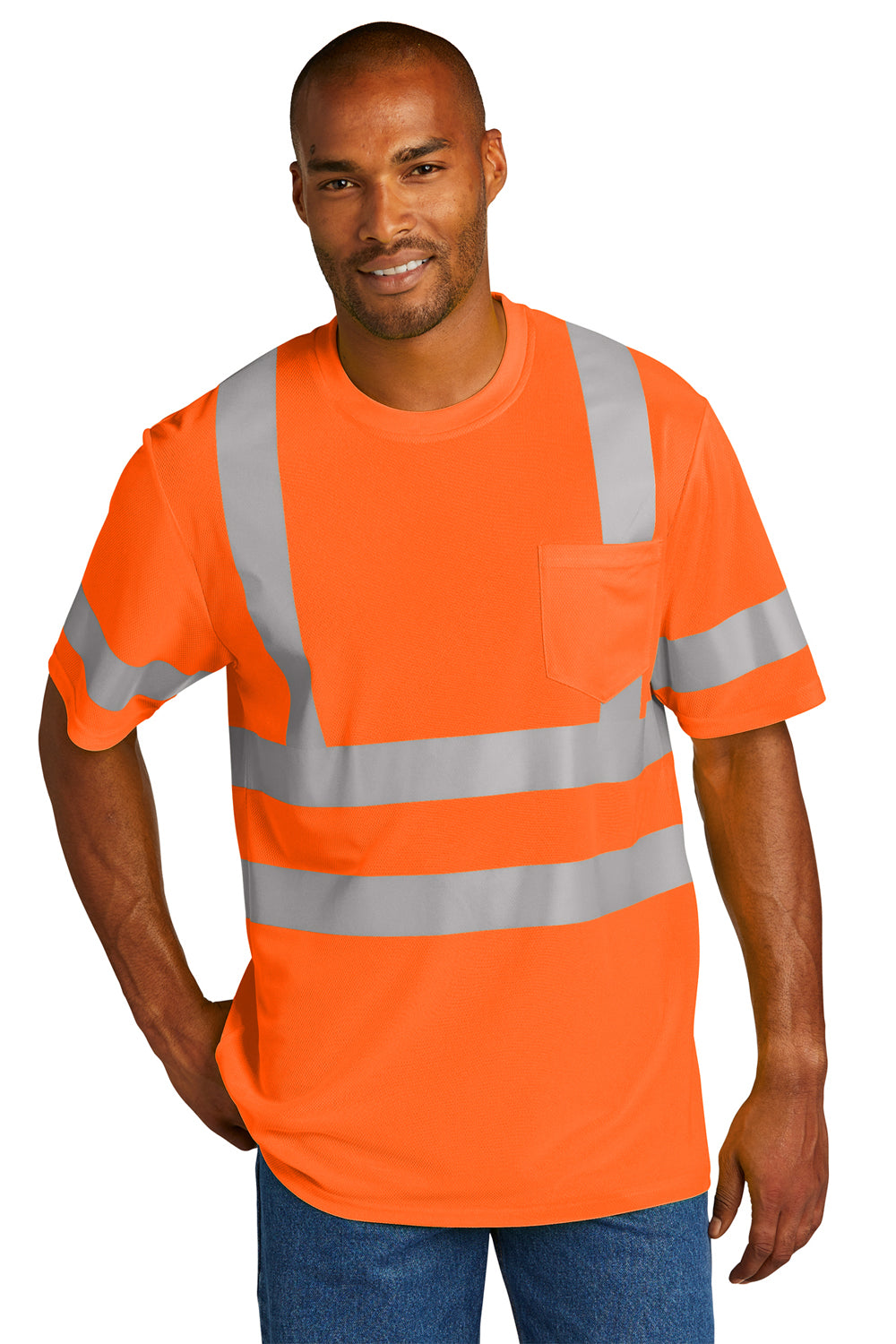 CornerStone CS202 Mens ANSI 107 Class 3 Moisture Wicking Short Sleeve Crewneck T-Shirt w/ Pocket Safety Orange Model Front