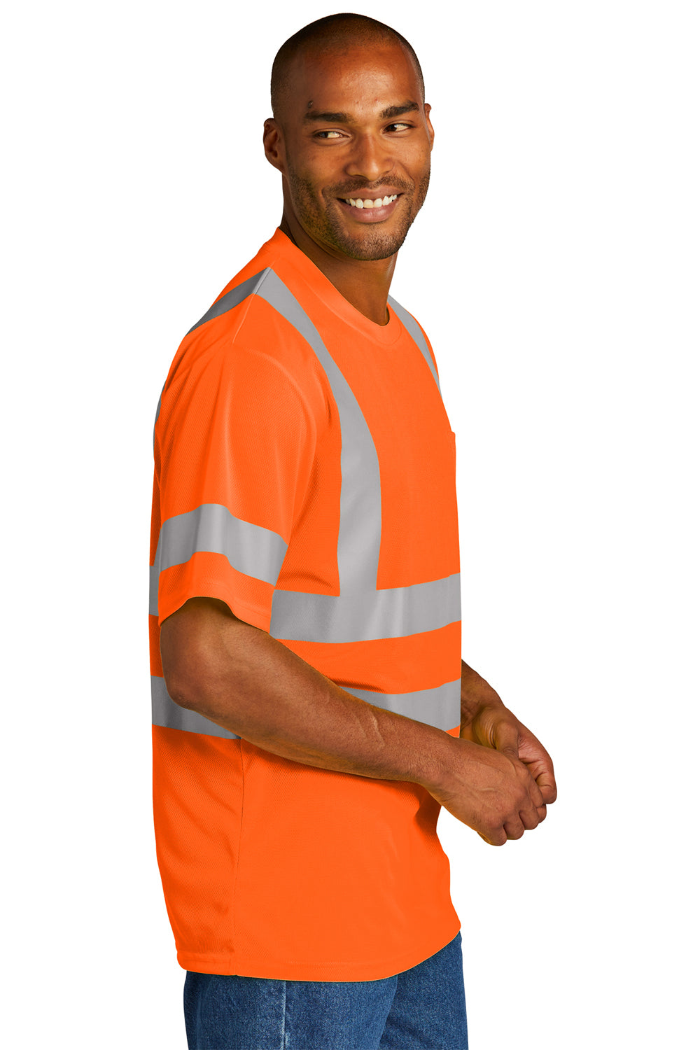 CornerStone CS202 Mens ANSI 107 Class 3 Moisture Wicking Short Sleeve Crewneck T-Shirt w/ Pocket Safety Orange Model Side