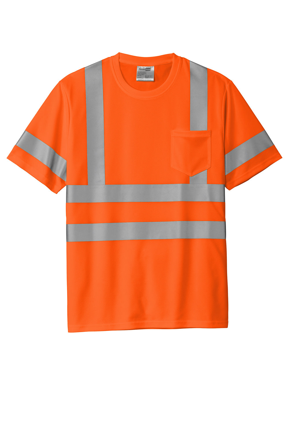 CornerStone CS202 Mens ANSI 107 Class 3 Moisture Wicking Short Sleeve Crewneck T-Shirt w/ Pocket Safety Orange Flat Front