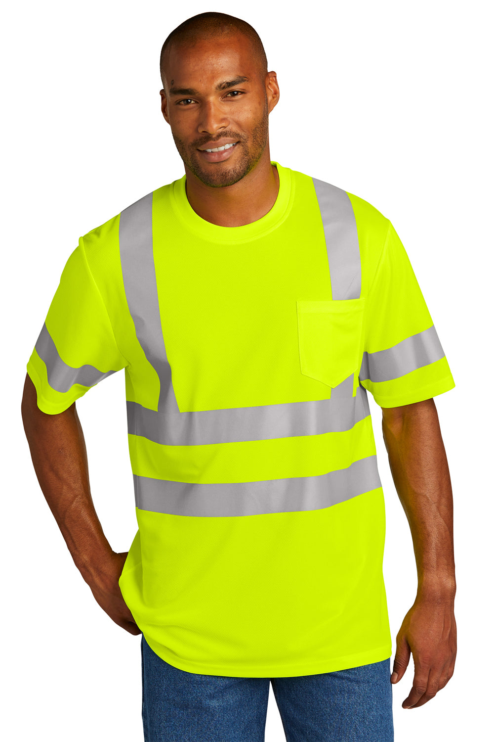 CornerStone CS202 Mens ANSI 107 Class 3 Moisture Wicking Short Sleeve Crewneck T-Shirt w/ Pocket Safety Yellow Model Front