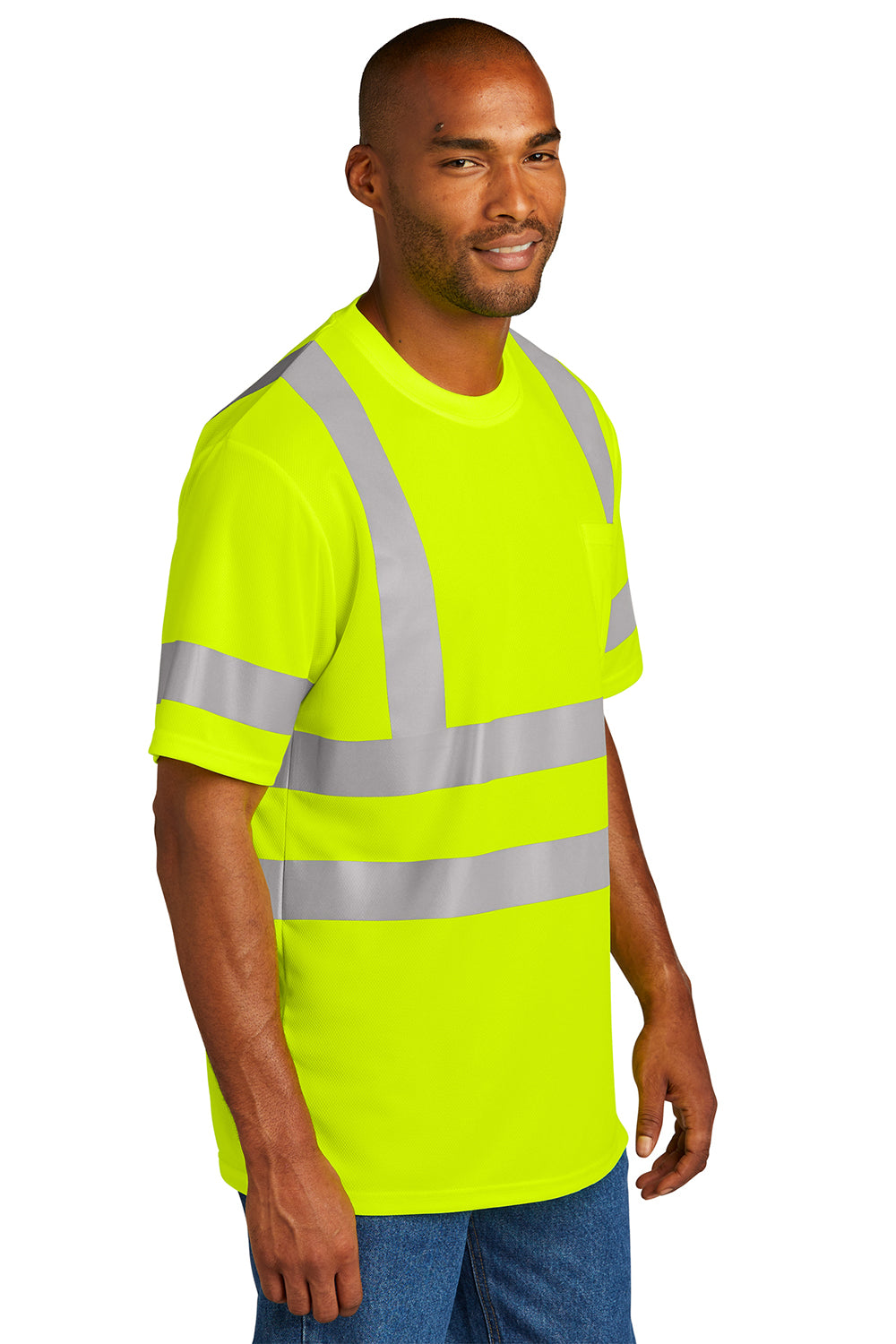 CornerStone CS202 Mens ANSI 107 Class 3 Moisture Wicking Short Sleeve Crewneck T-Shirt w/ Pocket Safety Yellow Model 3q