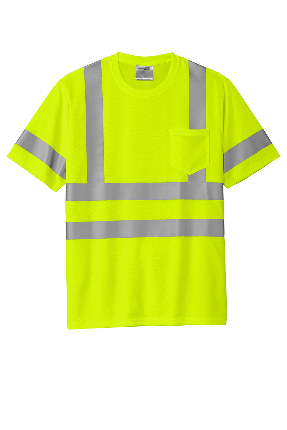 CornerStone CS202 Mens ANSI 107 Class 3 Moisture Wicking Short Sleeve Crewneck T-Shirt w/ Pocket Safety Yellow Flat Front