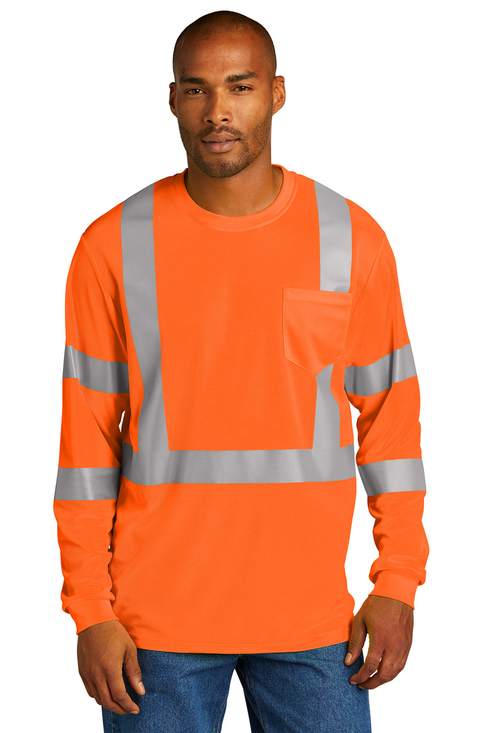 CornerStone CS203 Mens ANSI 107 Class 3 Moisture Wicking Long Sleeve Crewneck T-Shirt w/ Pocket Safety Orange Model Front