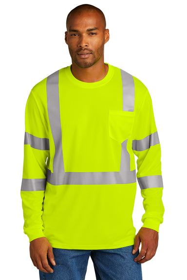 CornerStone CS203 Mens ANSI 107 Class 3 Moisture Wicking Long Sleeve Crewneck T-Shirt w/ Pocket Safety Yellow Model Front