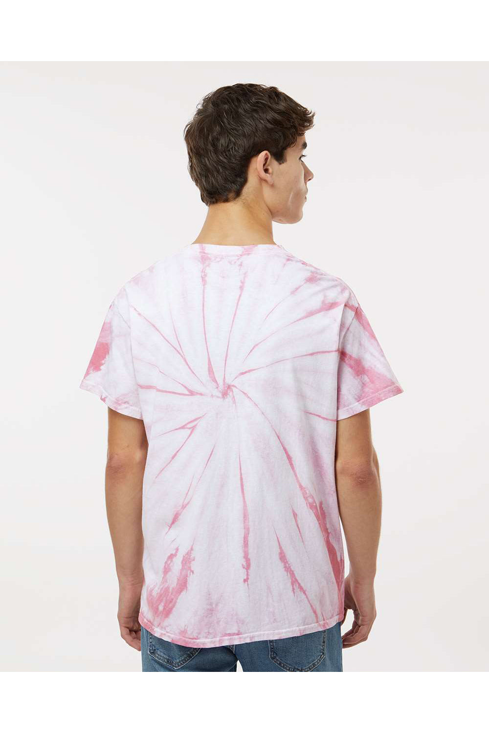 Dyenomite 200CY Mens Cyclone Pinwheel Tie Dyed Short Sleeve Crewneck T-Shirt Rose Model Back