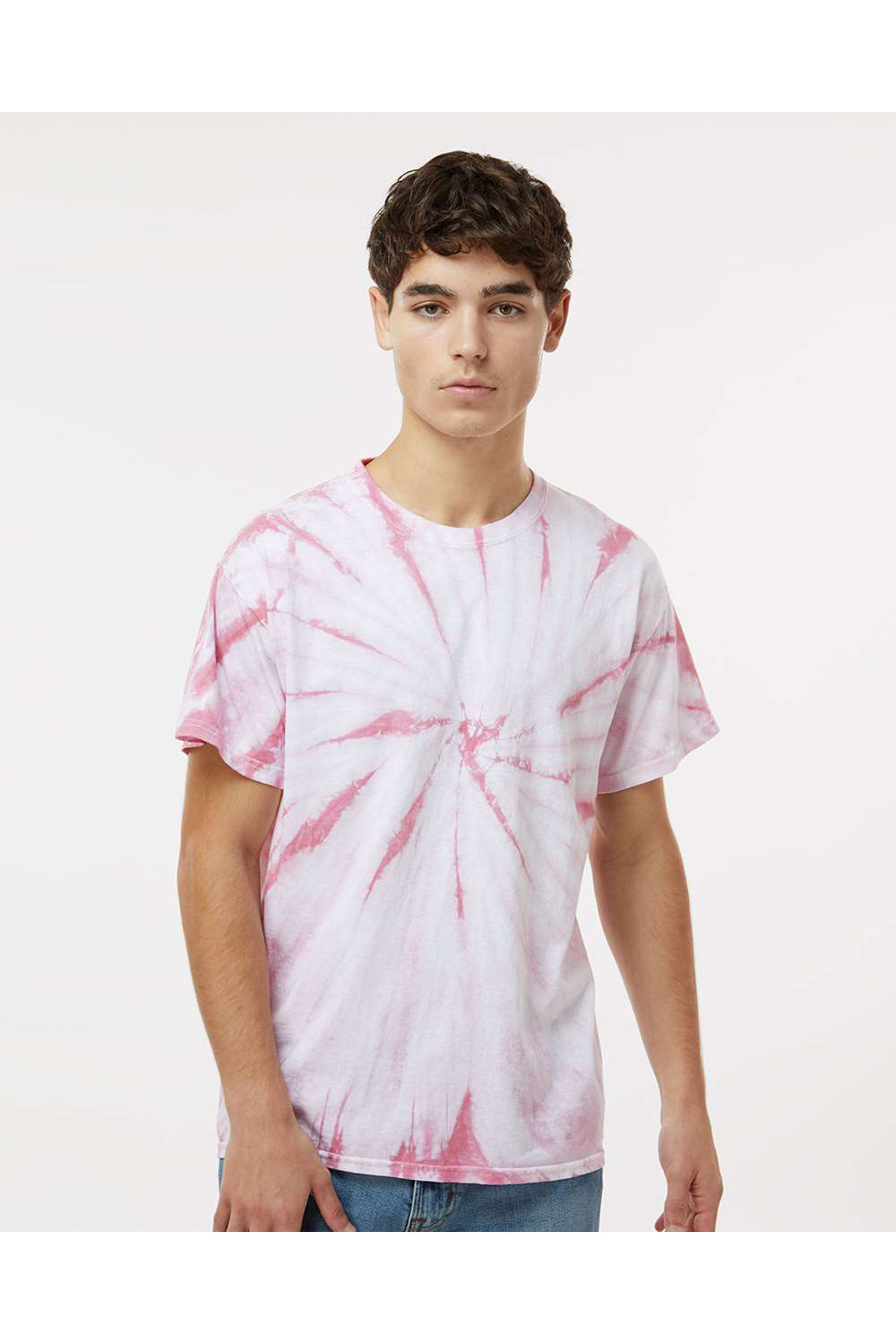 Dyenomite 200CY Mens Cyclone Pinwheel Tie Dyed Short Sleeve Crewneck T-Shirt Rose Model Front