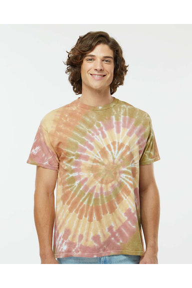 Dyenomite 200MS Mens Spiral Tie Dyed Short Sleeve Crewneck T-Shirt Everglades Model Front