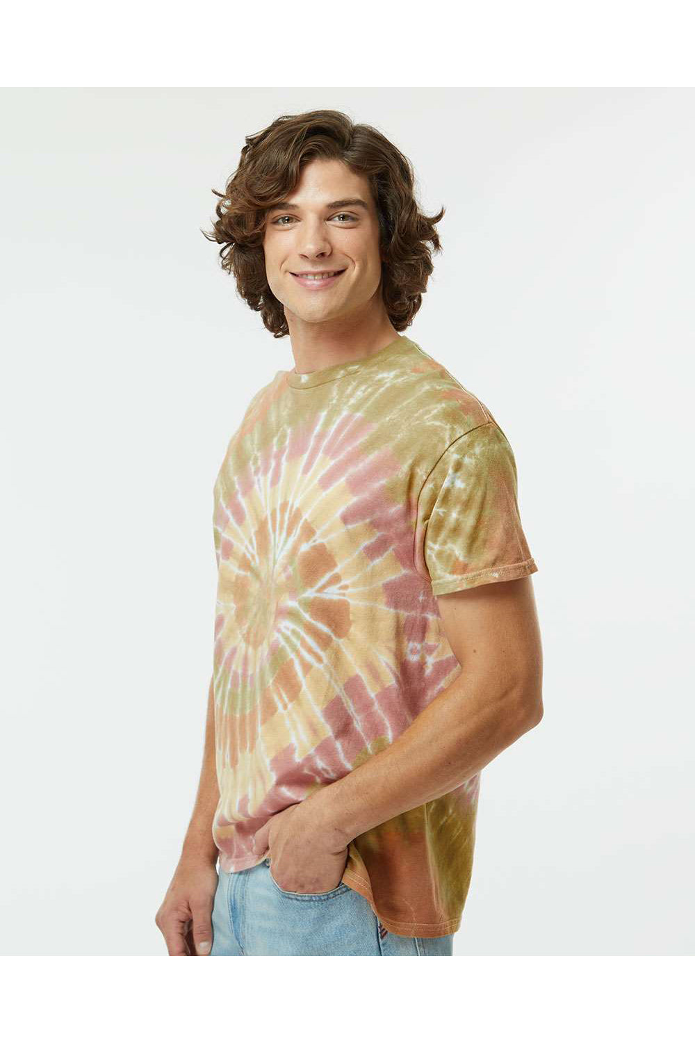 Dyenomite 200MS Mens Spiral Tie Dyed Short Sleeve Crewneck T-Shirt Everglades Model Side