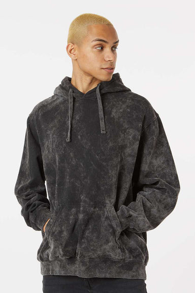 Dyenomite 854MW Mens Premium Fleece Mineral Wash Hooded Sweatshirt Hoodie w/ Pouch Pocket Black Mineral Wash Model Front