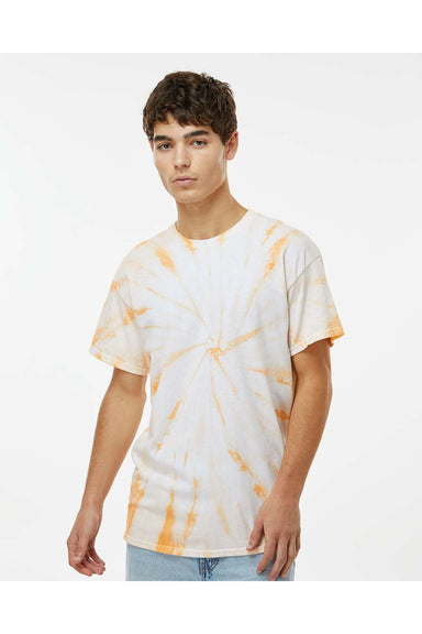 Dyenomite 200CY Mens Cyclone Pinwheel Tie Dyed Short Sleeve Crewneck T-Shirt Tangerine Model Front