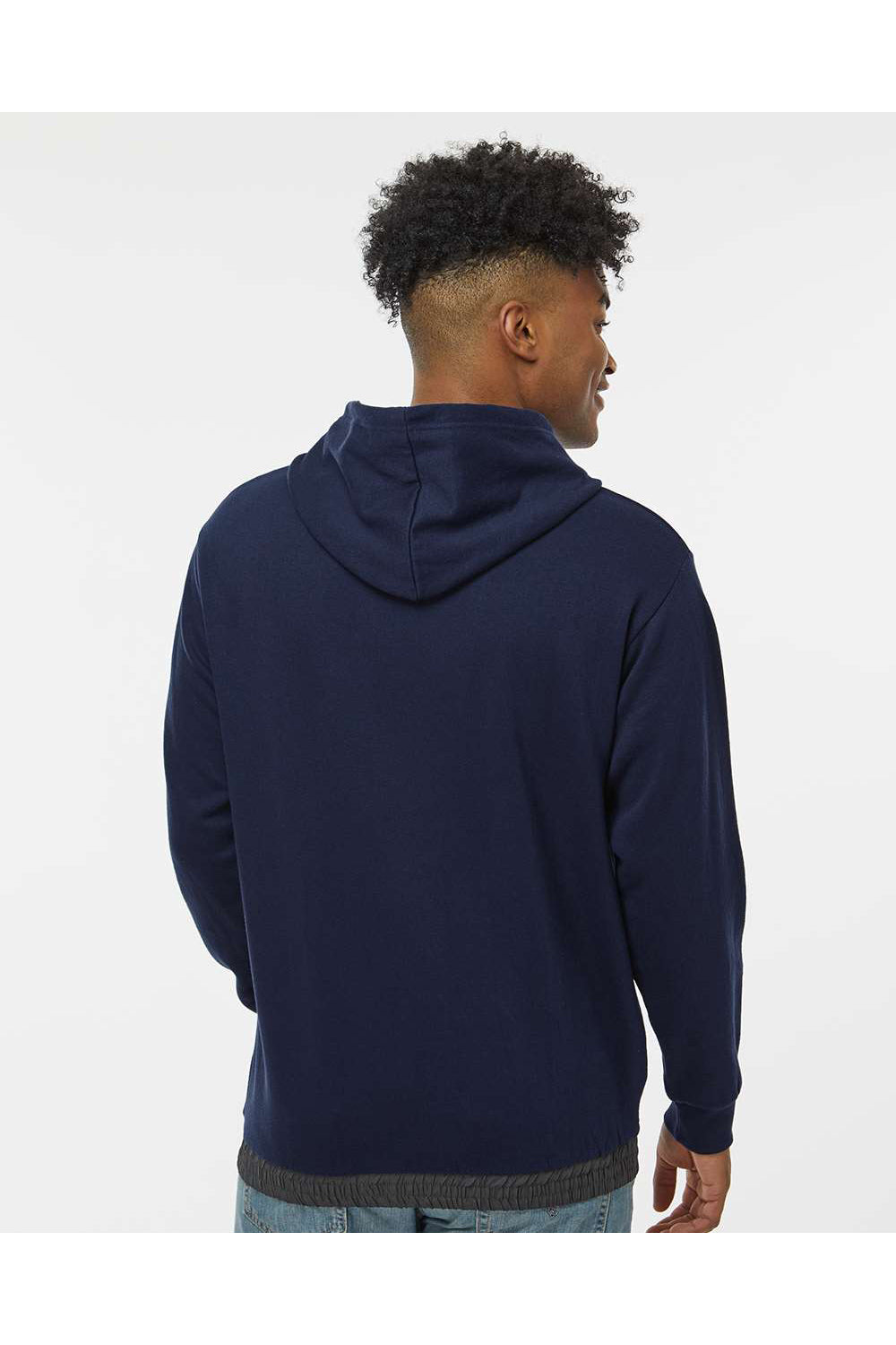 MV Sport 23112 Mens Mixed Media Hooded Sweatshirt Hoodie Navy Blue/Charcoal Grey Model Back