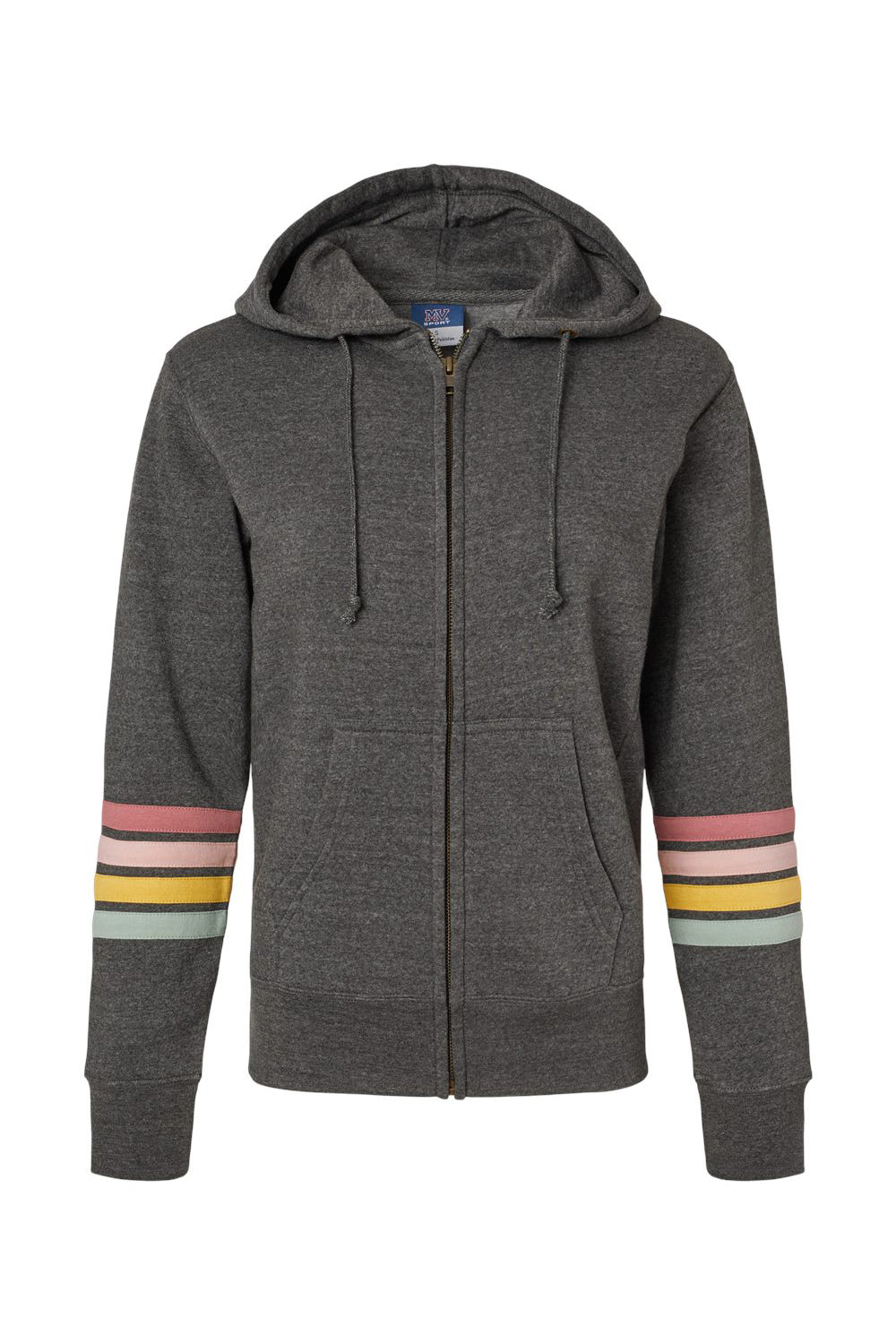 MV Sport W22732 Womens Striped Sleeves Full Zip Hooded Sweatshirt Hoodie Charcoal Grey Flat Front