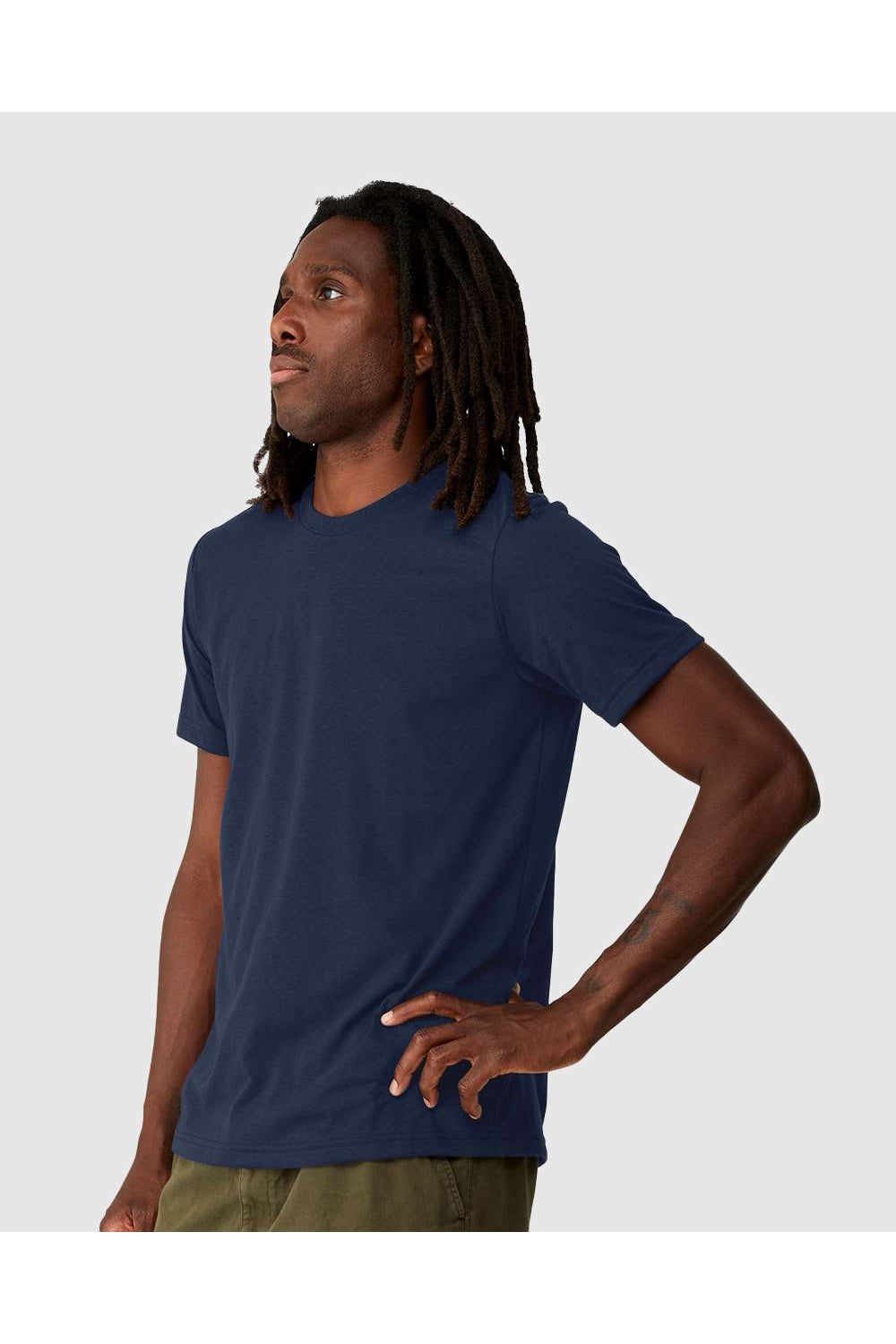Bella + Canvas 3001ECO Mens EcoMax Short Sleeve Crewneck T-Shirt Navy Blue Model Side