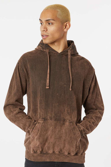 Dyenomite 854MW Mens Premium Fleece Mineral Wash Hooded Sweatshirt Hoodie w/ Pouch Pocket Hounddog Brown Model Front