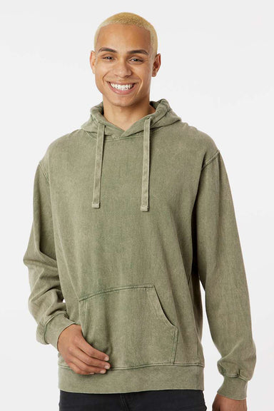 Dyenomite 854MW Mens Premium Fleece Mineral Wash Hooded Sweatshirt Hoodie w/ Pouch Pocket Kale Green Model Front