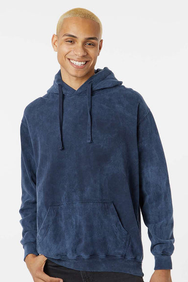 Dyenomite 854MW Mens Premium Fleece Mineral Wash Hooded Sweatshirt Hoodie w/ Pouch Pocket Midnight Blue Model Front