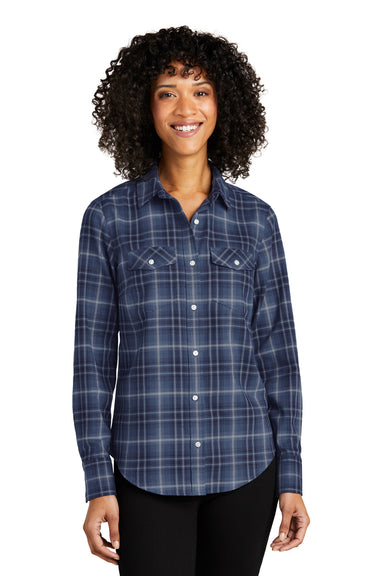 Port Authority LW672 Womens Ombre Plaid Long Sleeve Button Down Shirt w/ Double Pockets True Navy Blue Model Front