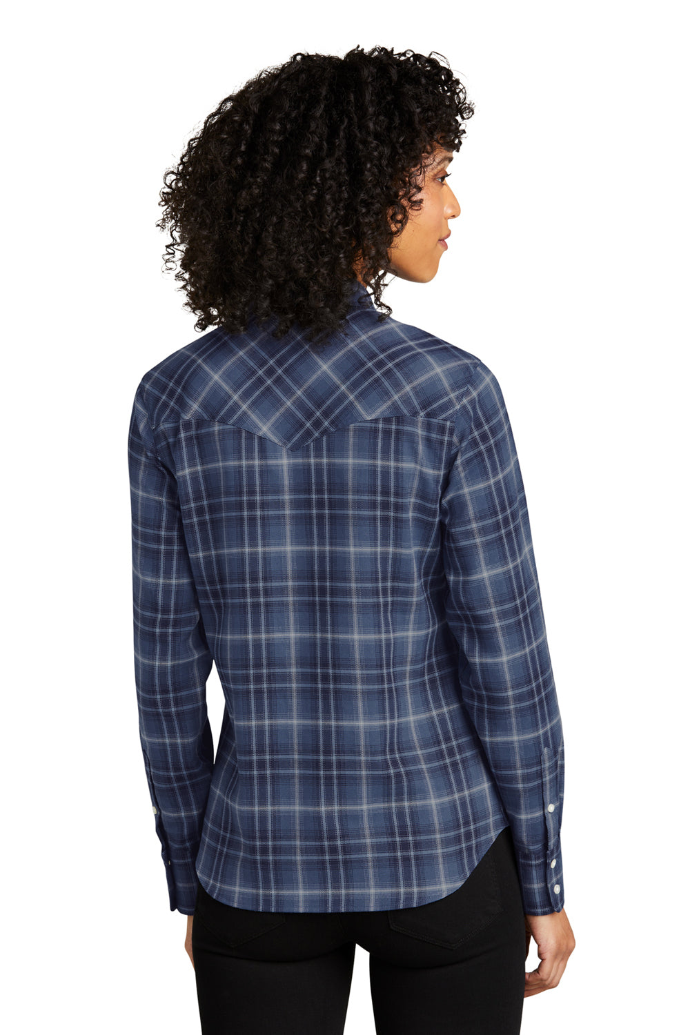 Port Authority LW672 Womens Ombre Plaid Long Sleeve Button Down Shirt w/ Double Pockets True Navy Blue Model Back