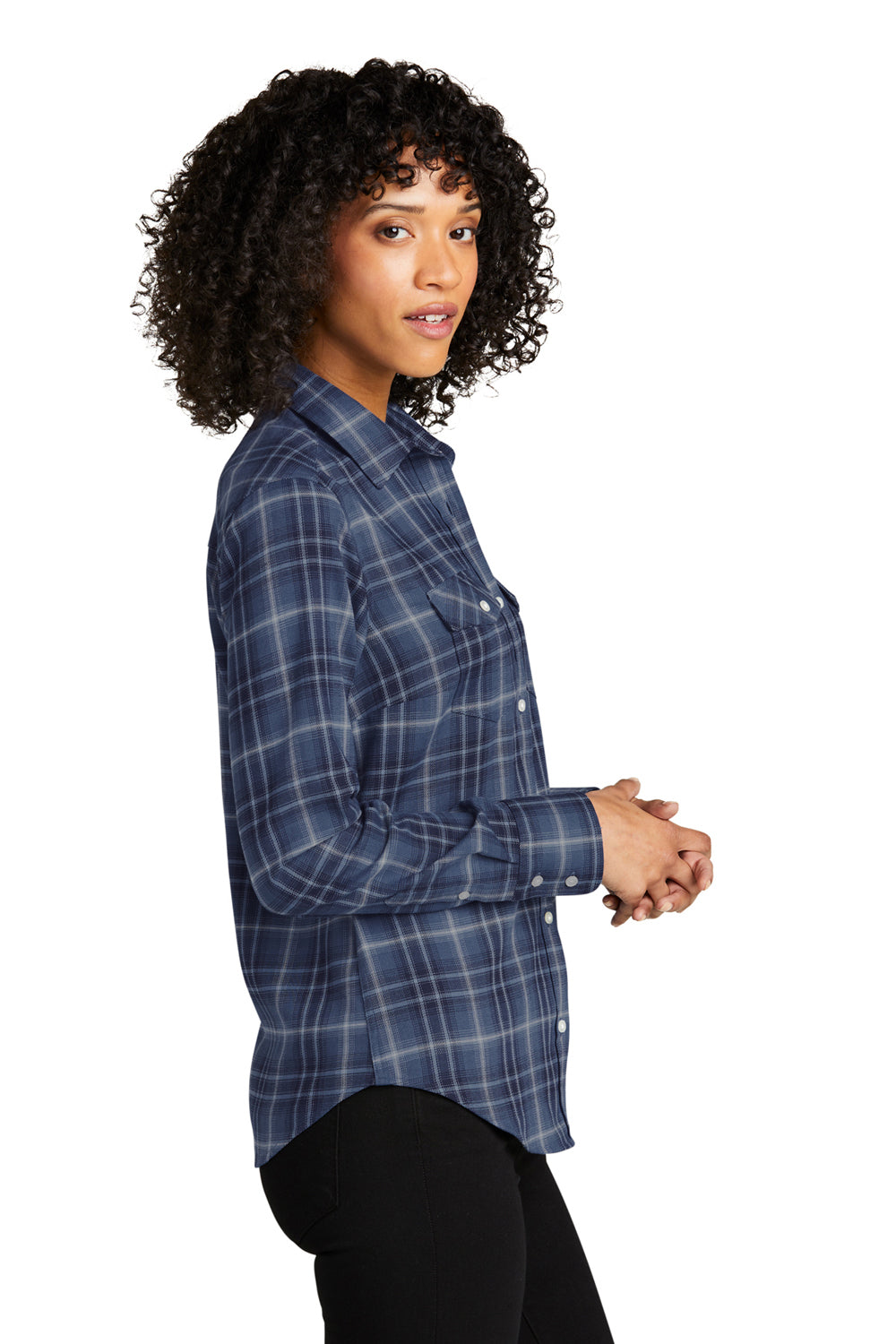 Port Authority LW672 Womens Ombre Plaid Long Sleeve Button Down Shirt w/ Double Pockets True Navy Blue Model Side