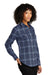 Port Authority LW672 Womens Ombre Plaid Long Sleeve Button Down Shirt w/ Double Pockets True Navy Blue Model 3q