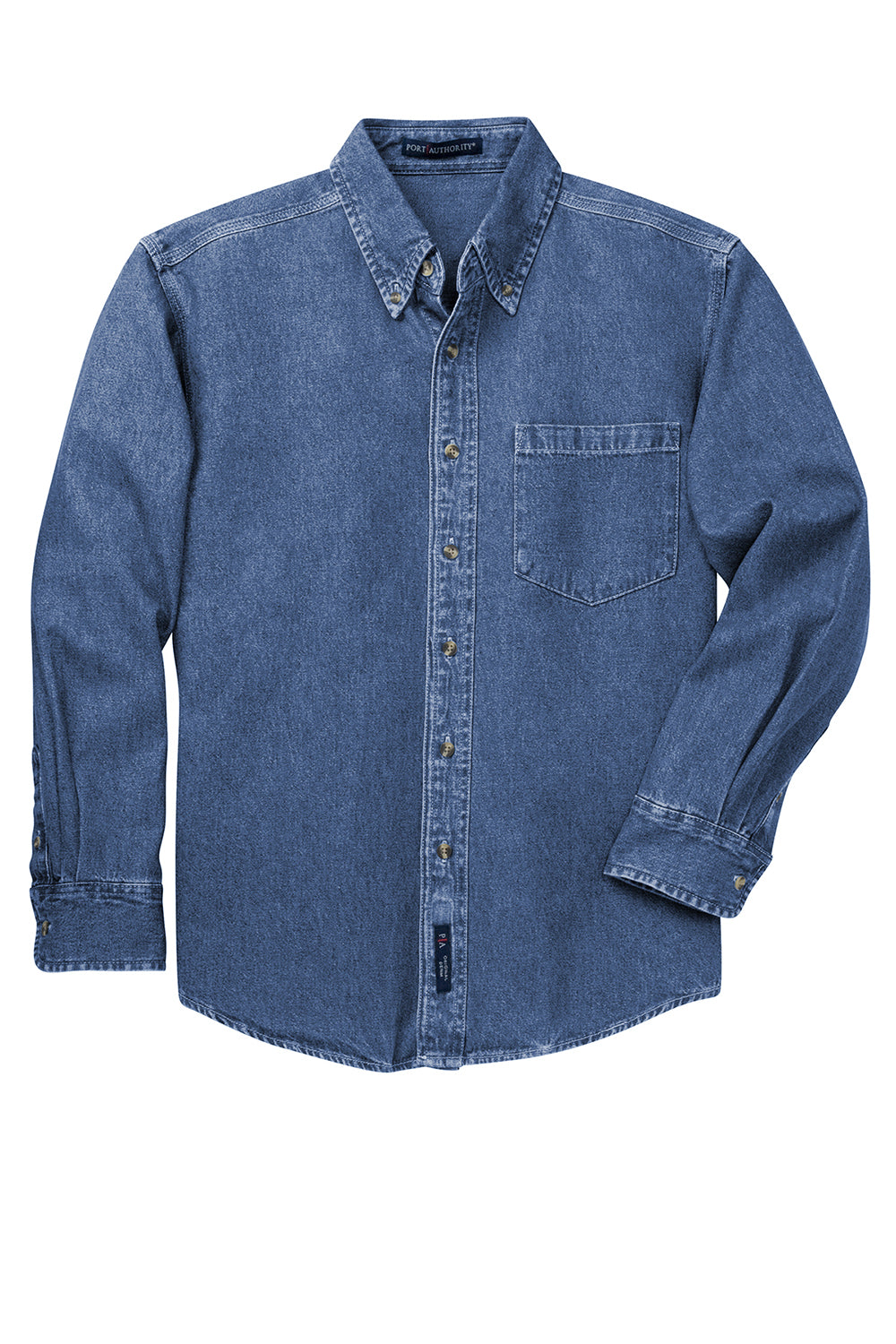 Port Authority S100 Mens Denim Long Sleeve Button Down Shirt w/ Pocket Dark Blue Flat Front