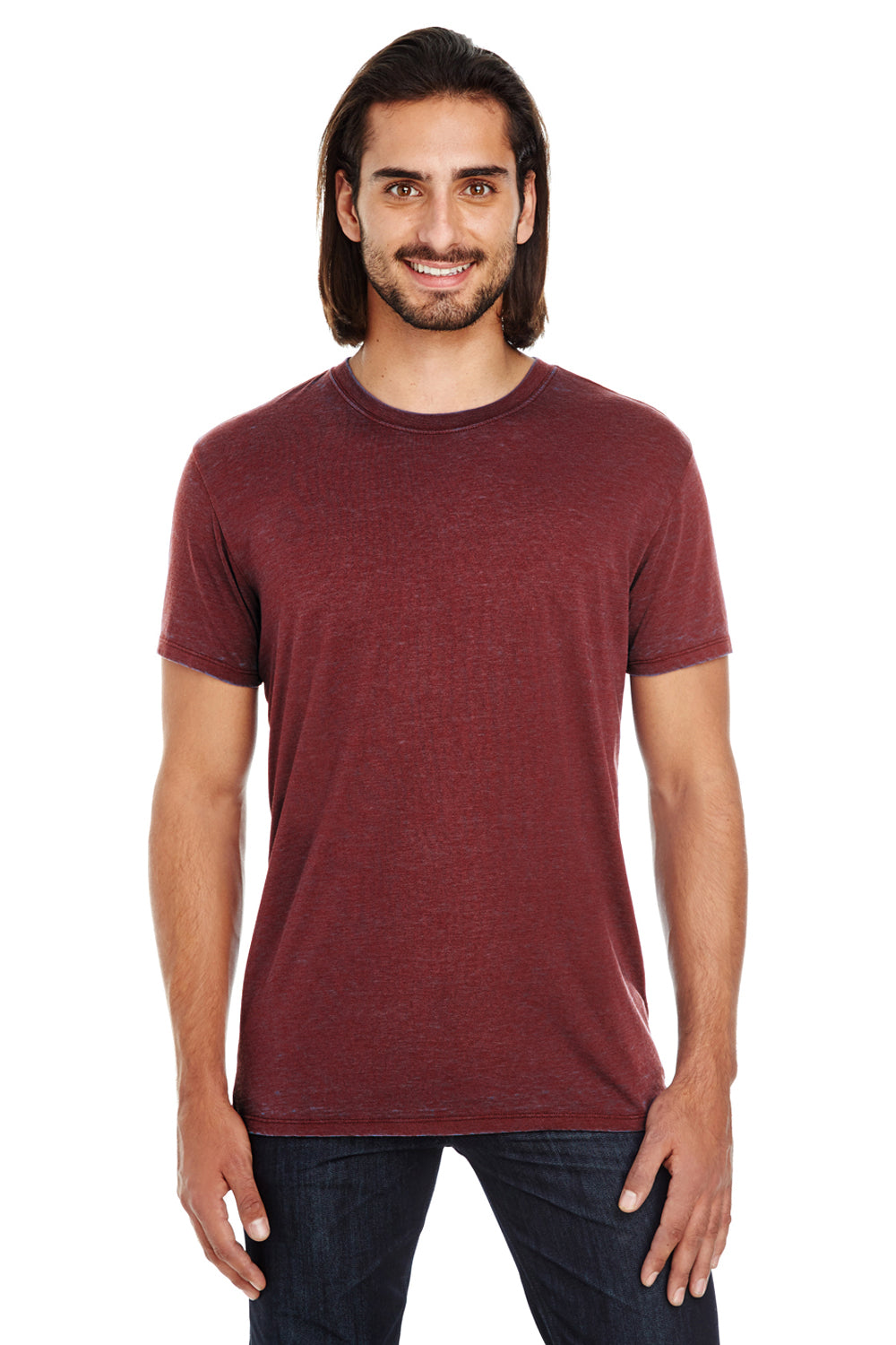 Threadfast Apparel 115A Mens Cross Dye Short Sleeve Crewneck T-Shirt Black Cherry Red Model Front