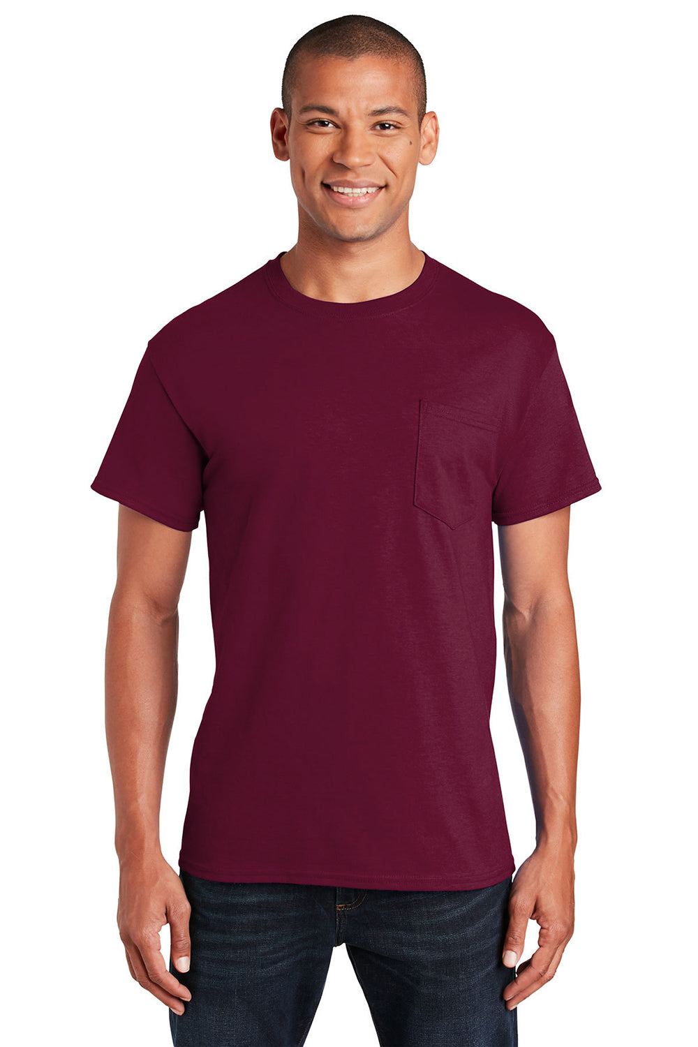 Gildan 2300/G230 Mens Ultra Short Sleeve Crewneck T-Shirt w/ Pocket Maroon Model Front