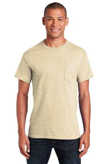 Gildan 2300/G230 Mens Ultra Short Sleeve Crewneck T-Shirt w/ Pocket Sand Model Front