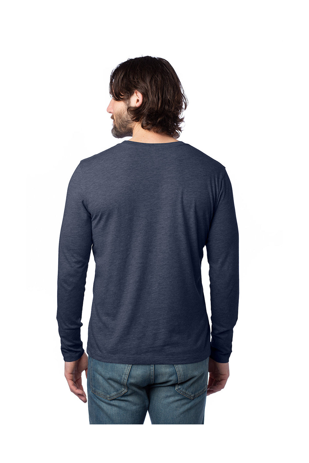 Alternative 1170CV Mens Go-To CVC Long Sleeve Crewneck T-Shirt Heather Midnight Navy Blue Model Back