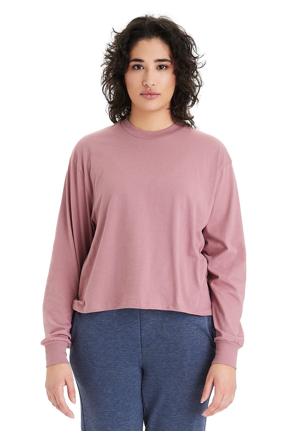 Alternative 1176 Womens Cropped Long Sleeve Crewneck T-Shirt Whiskey Rose Model Front