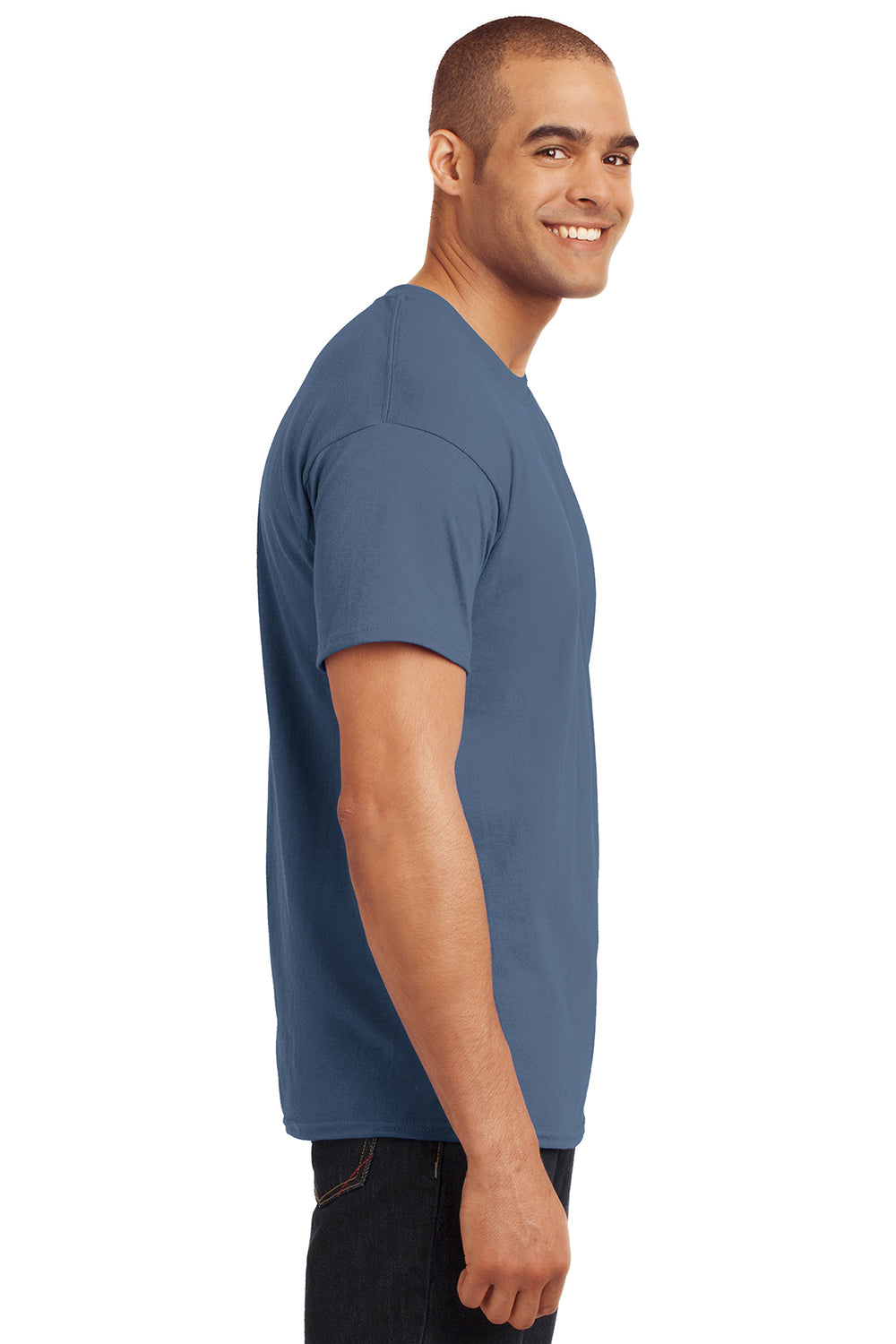 Hanes 5170 Mens EcoSmart Short Sleeve Crewneck T-Shirt Denim Blue Model Side