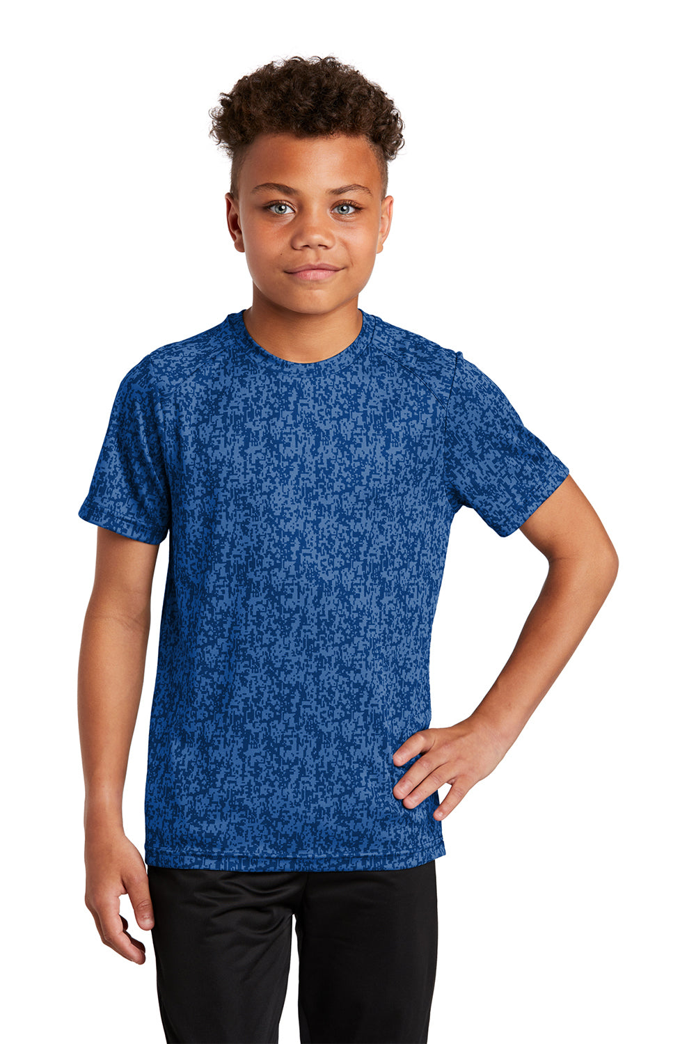 Sport-Tek YST460 Youth Digi Camo Moisture Wicking Short Sleeve Crewneck T-Shirt True Royal Blue Model Front