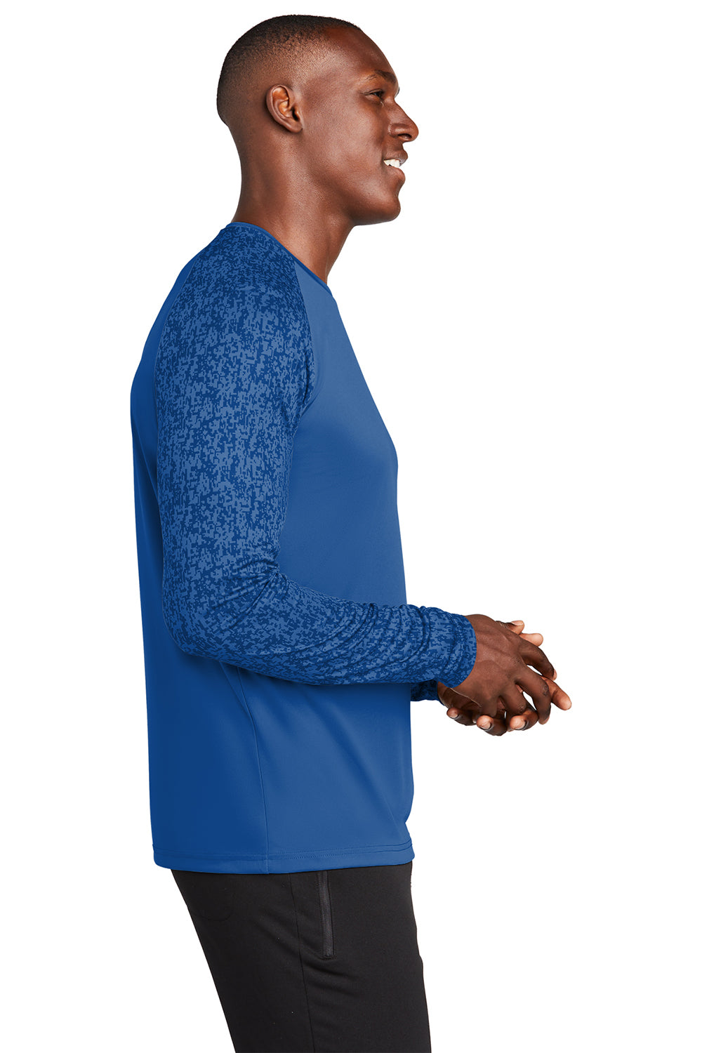 Sport-Tek ST460LS Mens Digi Camo Moisture Wicking Long Sleeve Crewneck T-Shirt True Royal Blue Model Side