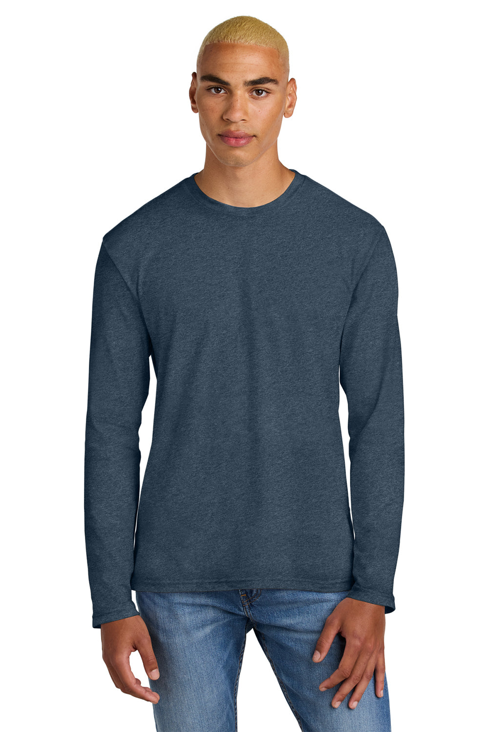 District DT105 Mens Perfect Weight Long Sleeve Crewneck T-Shirt Heather Navy Blue Model Front