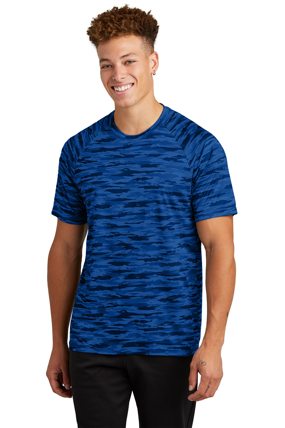 Sport-Tek ST375 Mens Drift Camo Moisture Wicking Short Sleeve Crewneck T-Shirt True Royal Blue Model Front