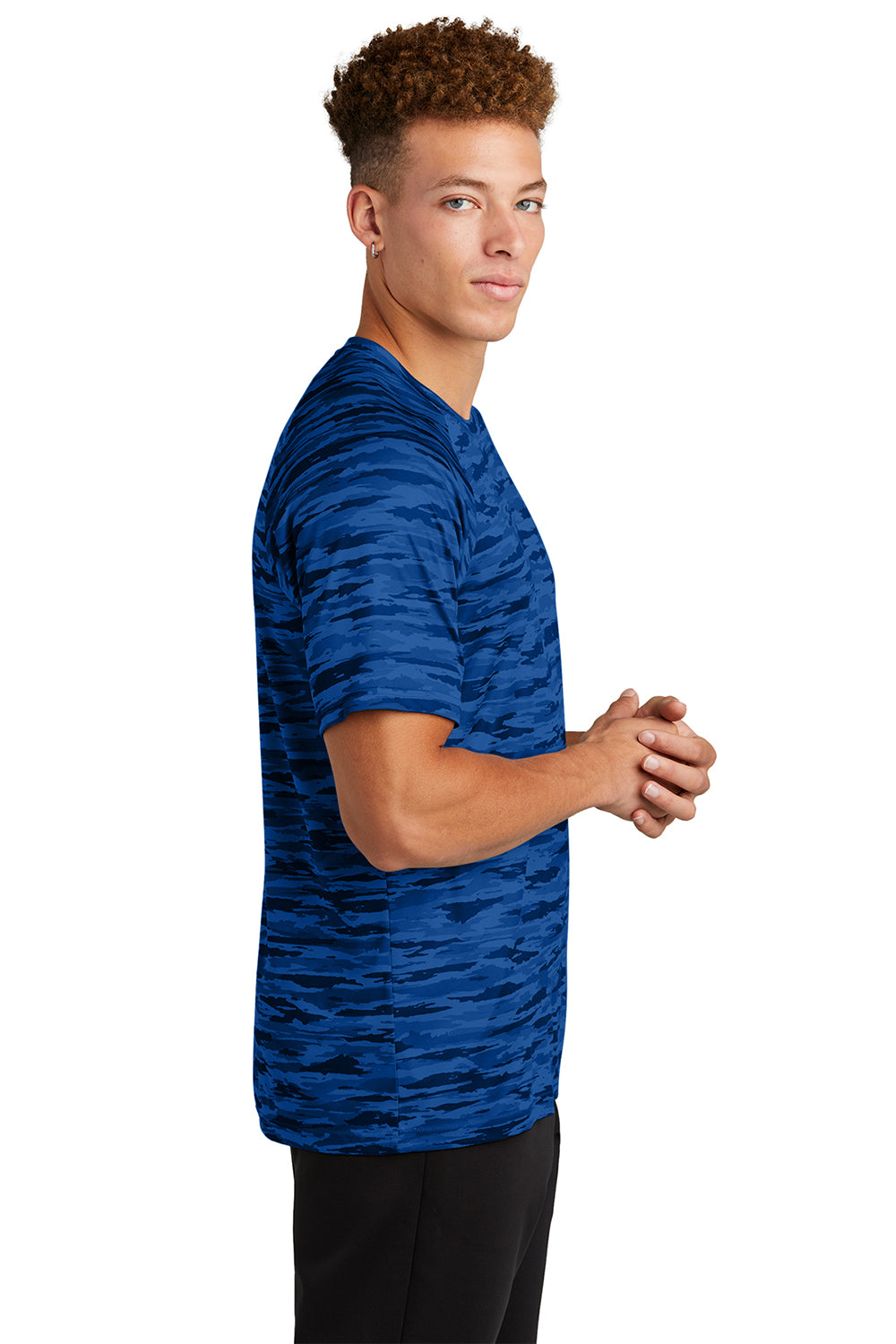 Sport-Tek ST375 Mens Drift Camo Moisture Wicking Short Sleeve Crewneck T-Shirt True Royal Blue Model Side