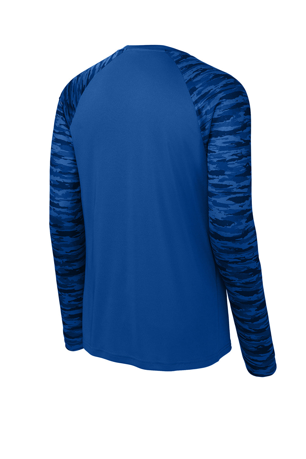 Sport-Tek ST376LS Mens Drift Camo Colorblock Moisture Wicking Long Sleeve Crewneck T-Shirt True Royal Blue Flat Back