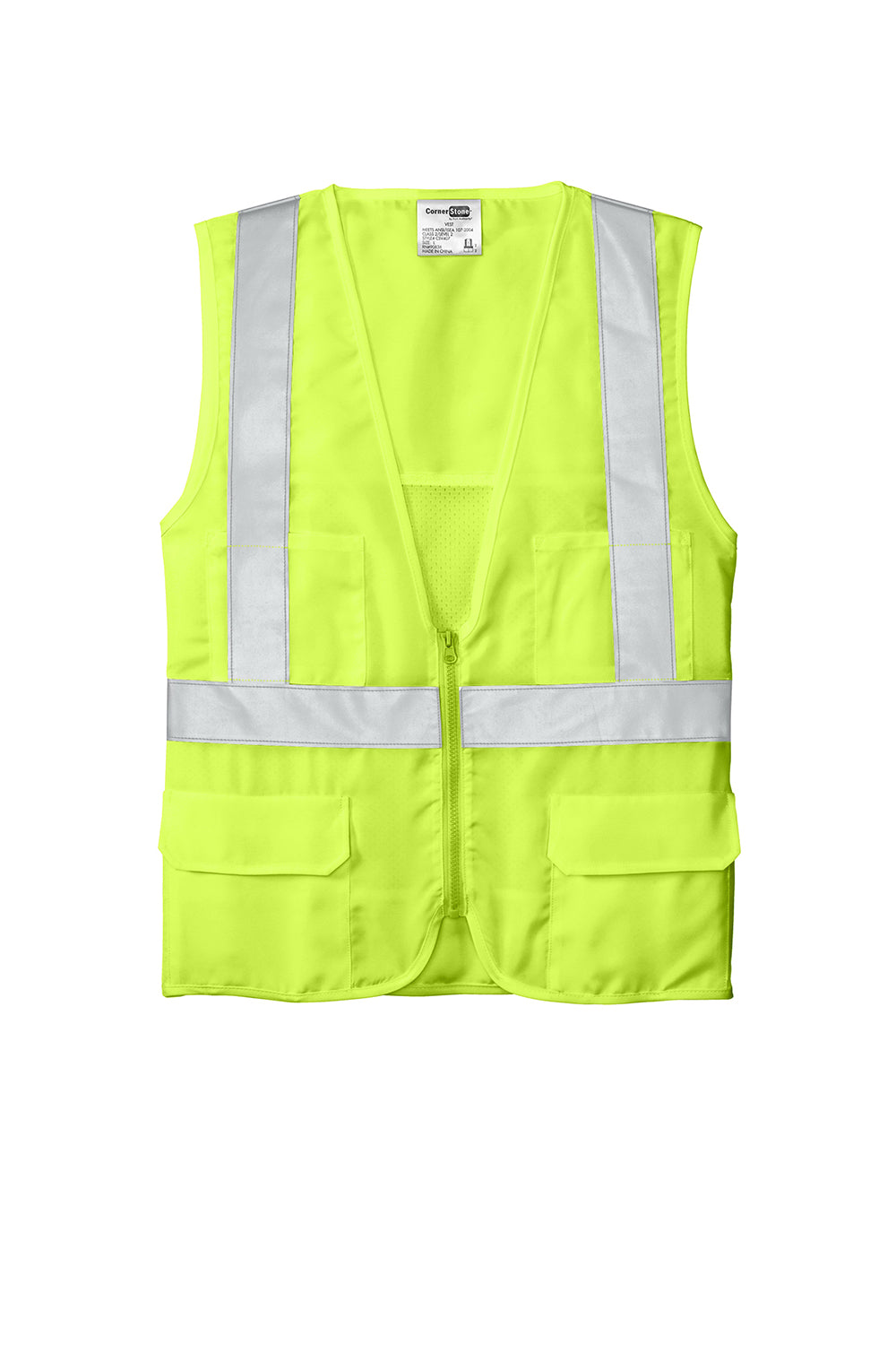 CornerStone CSV405 Mens ANSI 107 Class 2 Safety Full Zip Vest Safety Yellow Flat Front