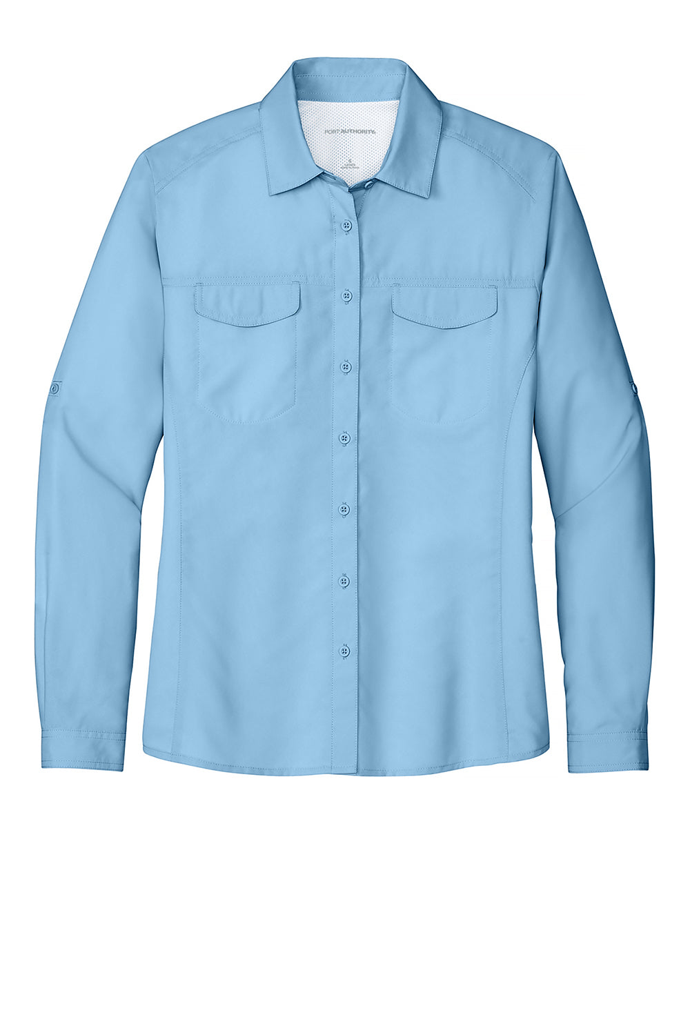 Port Authority LW960 Womens UV Daybreak Long Sleeve Button Down Shirt w/ Pockets Light Blue Flat Front