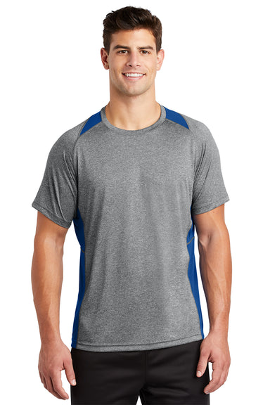 Sport-Tek ST361 Mens Contender Heather Moisture Wicking Short Sleeve Crewneck T-Shirt Heather Vintage Grey/True Royal Blue Model Front