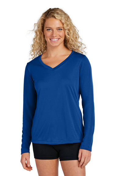 Sport-Tek LST353LS Womens Competitor Moisture Wicking Long Sleeve V-Neck T-Shirt True Royal Blue Model Front