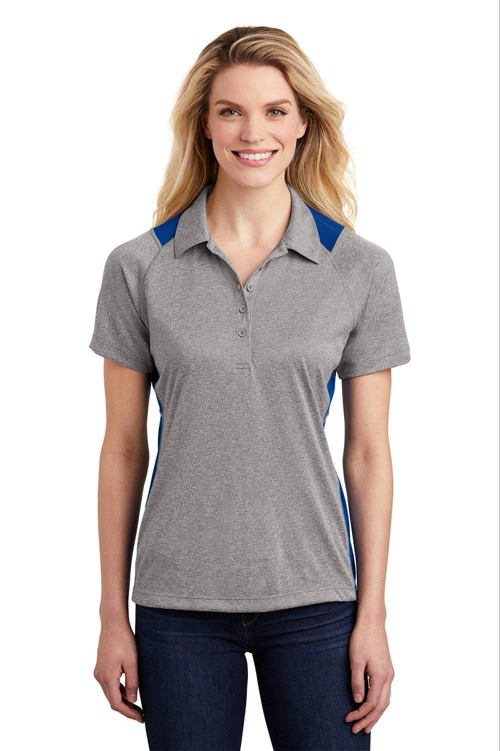 Sport-Tek LST665 Womens Heather Contender Moisture Wicking Short Sleeve Polo Shirt Heather Vintage Grey/True Royal Blue Model Front