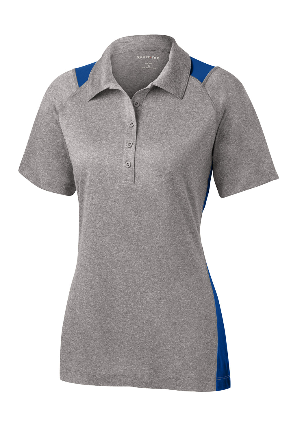 Sport-Tek LST665 Womens Heather Contender Moisture Wicking Short Sleeve Polo Shirt Heather Vintage Grey/True Royal Blue Flat Front