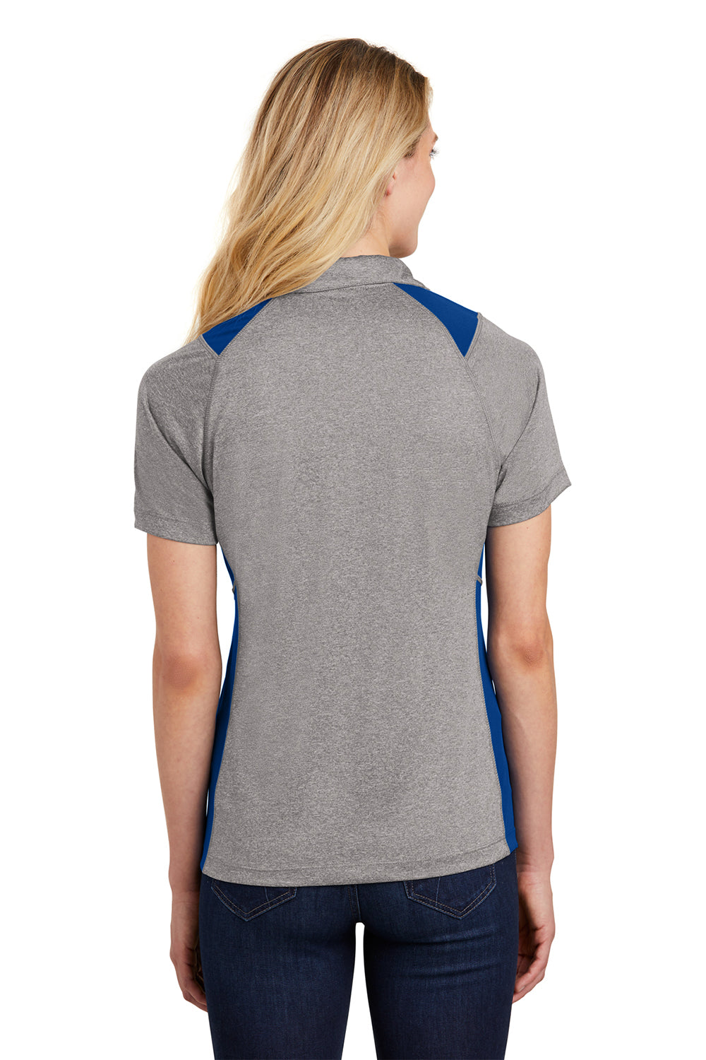 Sport-Tek LST665 Womens Heather Contender Moisture Wicking Short Sleeve Polo Shirt Heather Vintage Grey/True Royal Blue Model Back