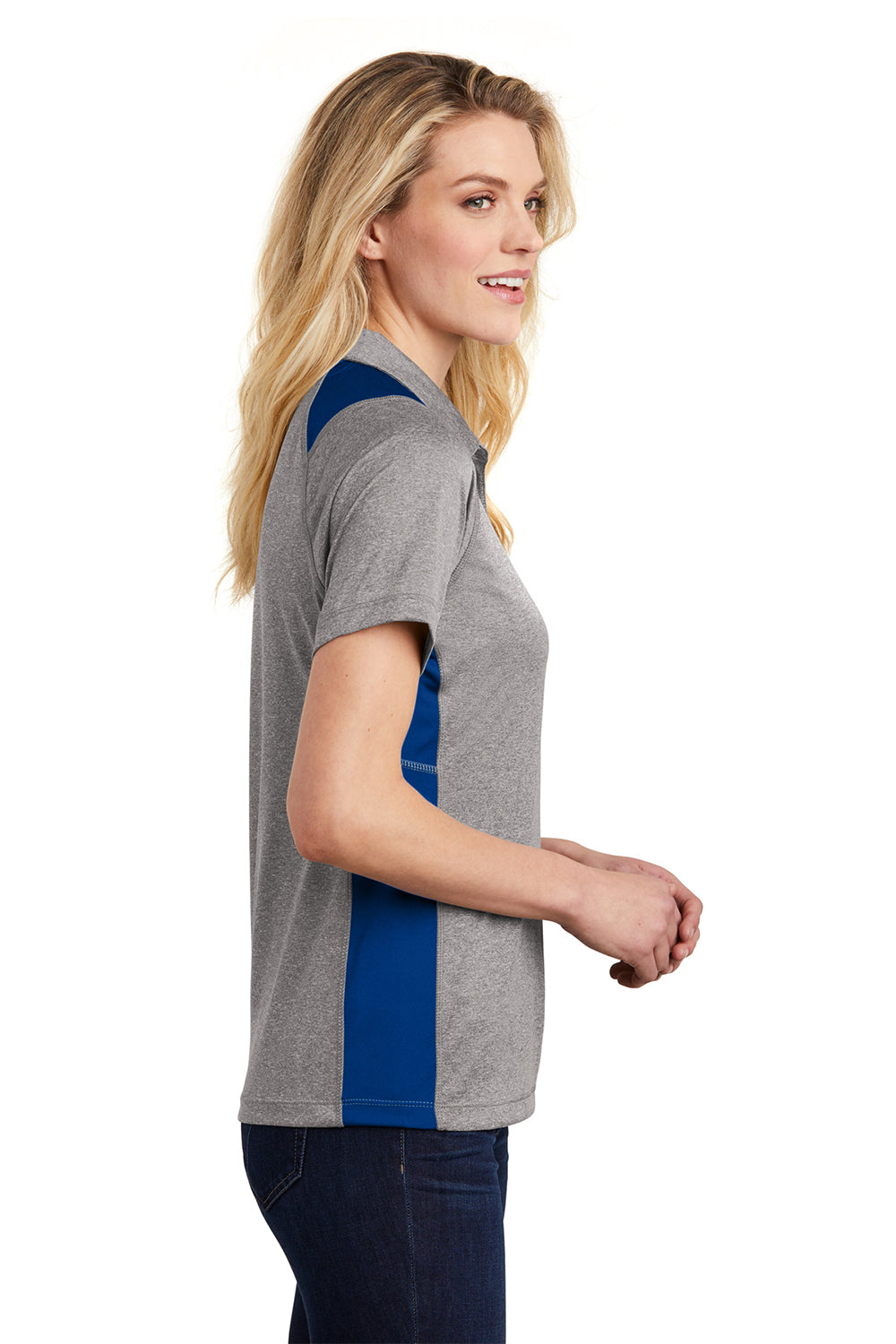 Sport-Tek LST665 Womens Heather Contender Moisture Wicking Short Sleeve Polo Shirt Heather Vintage Grey/True Royal Blue Model Side